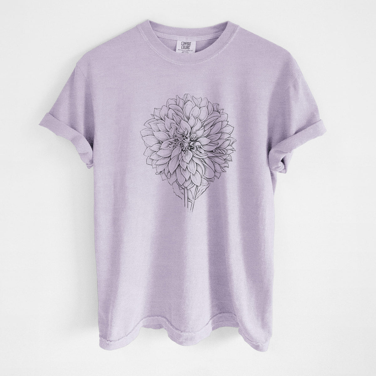 Orchid purple Comfort Colors t-shirt laid flat, printed with a detailed black ink line drawing of a Cafe au Lait dahlia bloom.