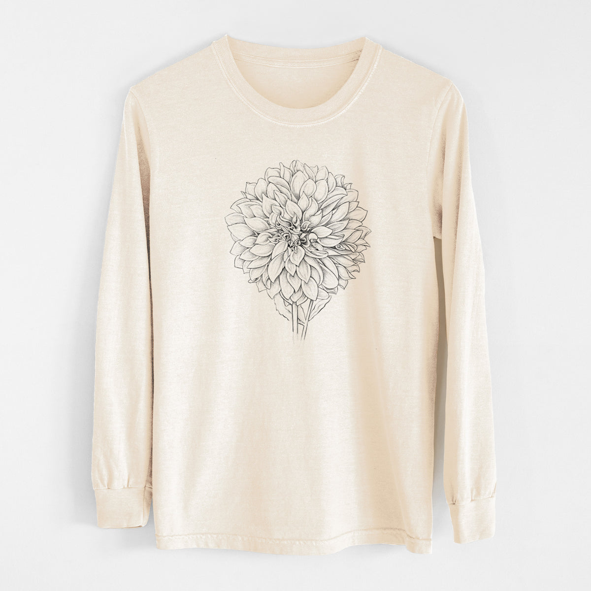 Ivory Comfort Colors long sleeve shirt laid flat, printed with a detailed black ink line drawing of a Cafe au Lait dahlia bloom.