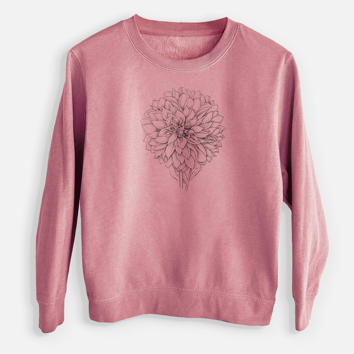 Mauve pink youth crewneck sweatshirt laid flat, printed with a detailed black ink line drawing of a Cafe au Lait dahlia bloom.