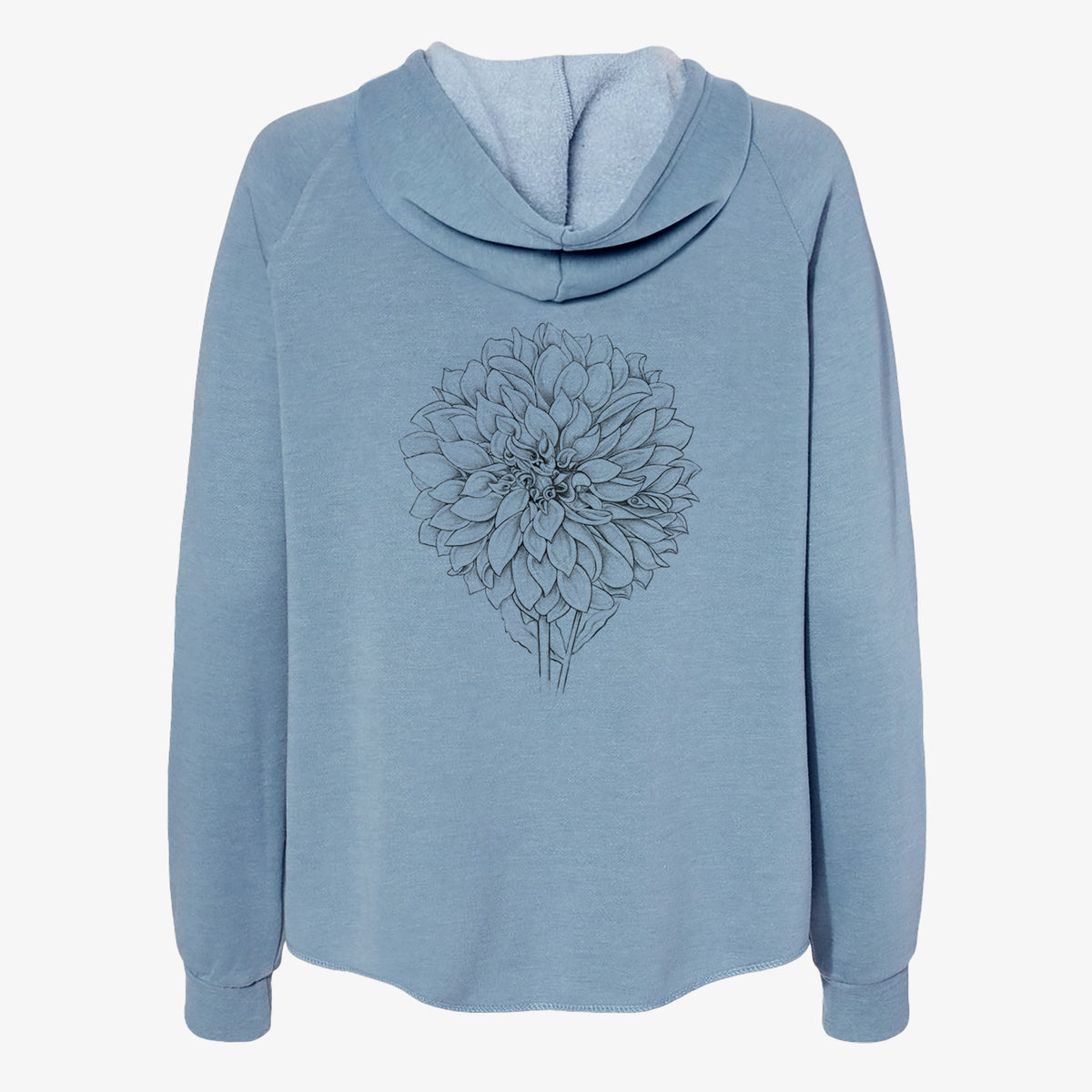Misty blue women's Cali Wave zip-up sweatshirt laid flat, printed with a detailed black ink line drawing of a Cafe au Lait dahlia bloom.