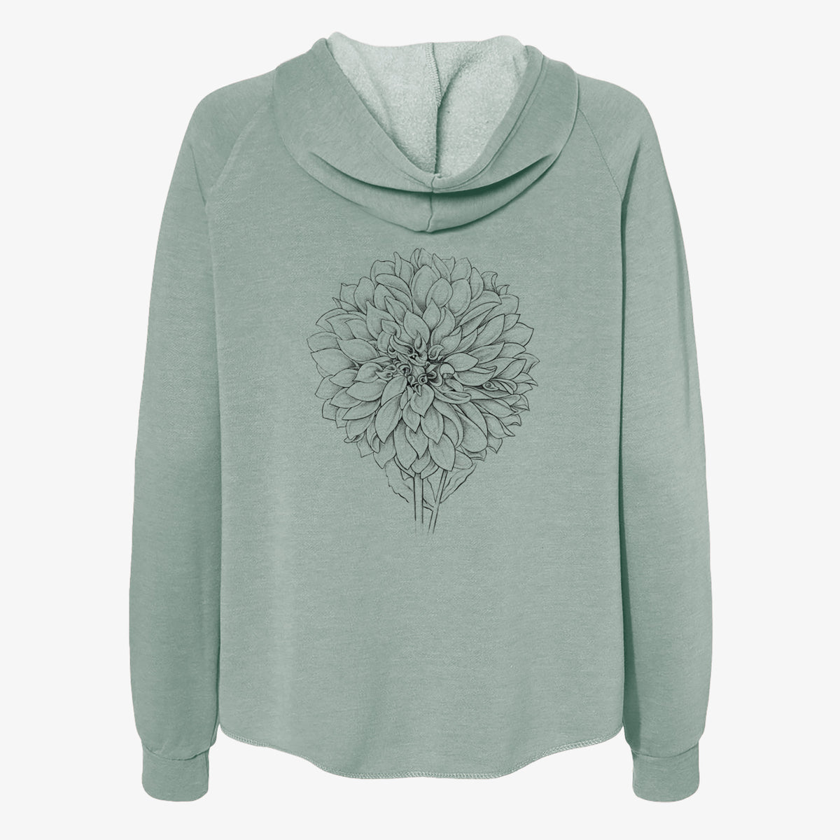 Sage green women's Cali Wave zip-up sweatshirt laid flat, printed with a detailed black ink line drawing of a Cafe au Lait dahlia bloom.