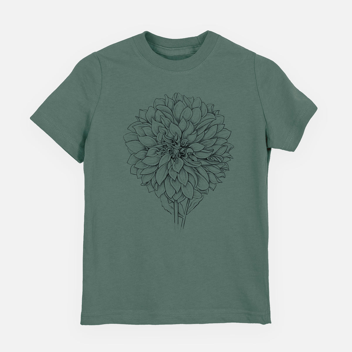 Basil green youth t-shirt laid flat, printed with a detailed black ink line drawing of a Cafe au Lait dahlia bloom.