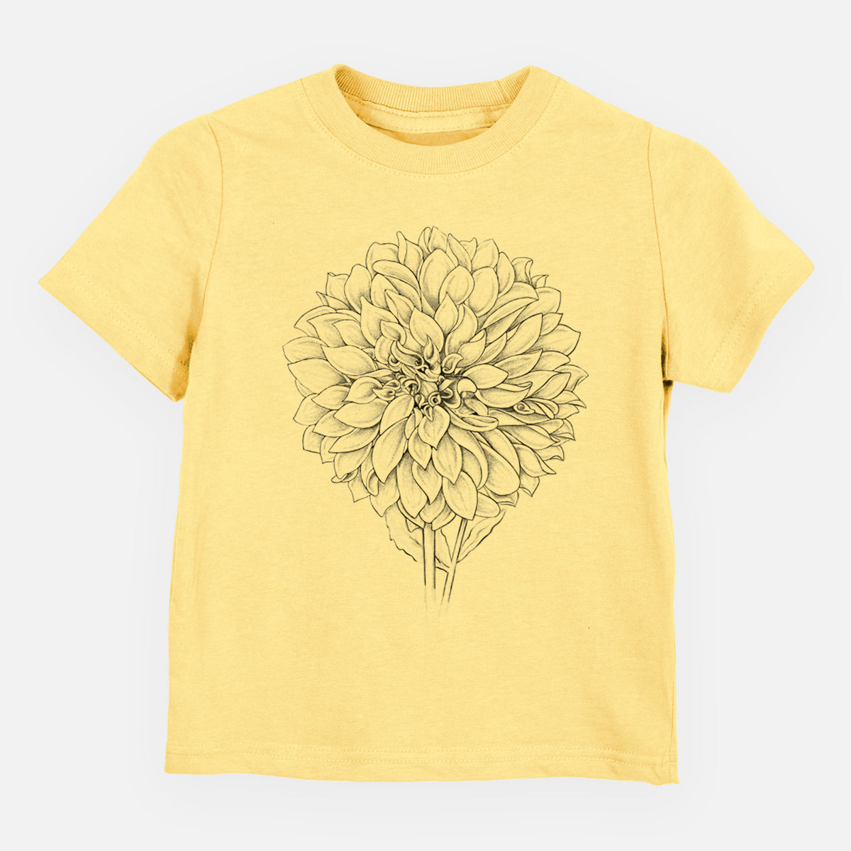 Butter yellow toddler t-shirt laid flat, printed with a detailed black ink line drawing of a Cafe au Lait dahlia bloom.