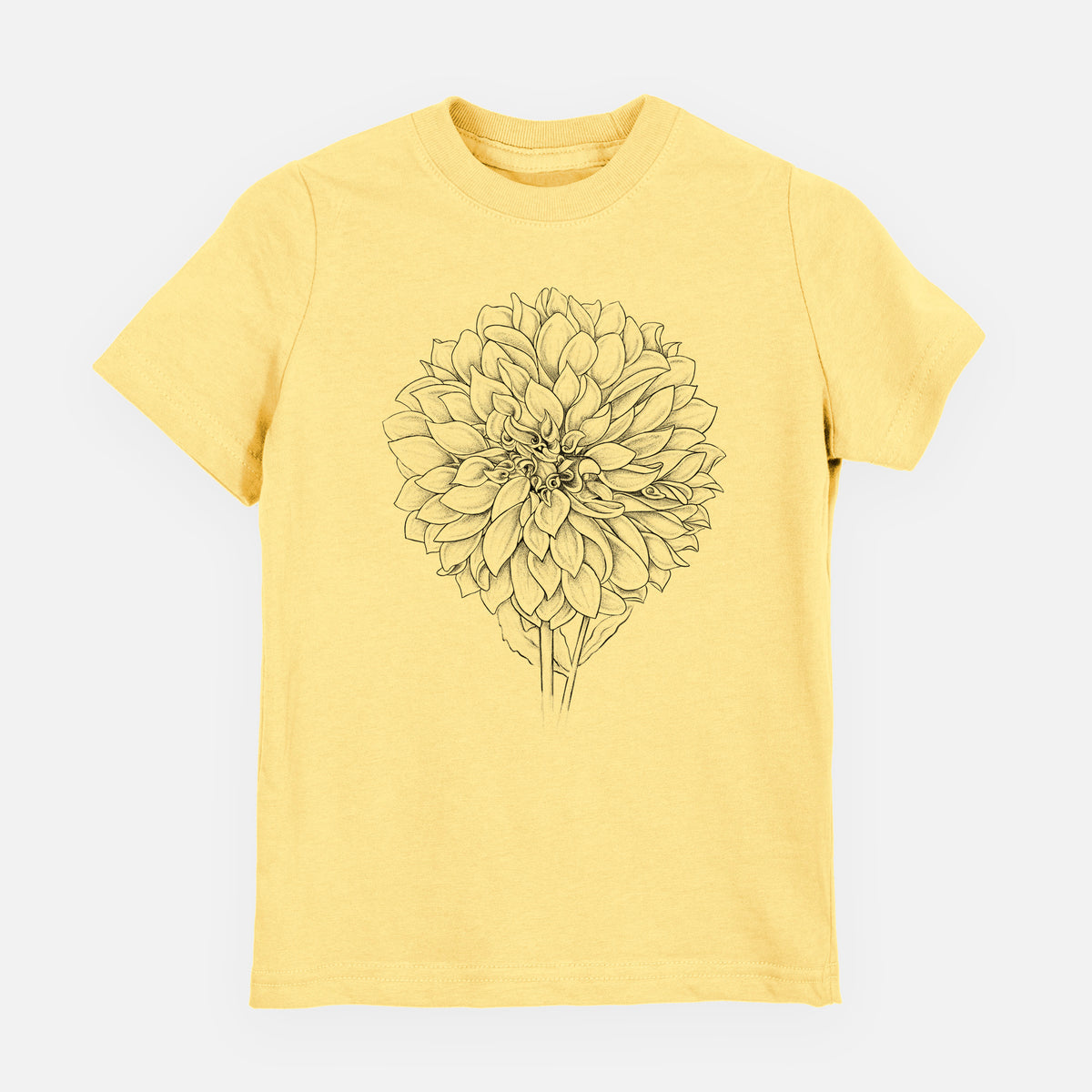 Butter yellow youth t-shirt laid flat, printed with a detailed black ink line drawing of a Cafe au Lait dahlia bloom.