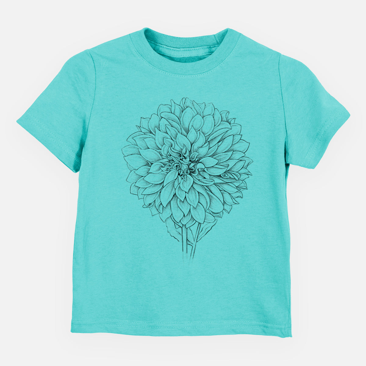 Caribbean blue toddler t-shirt laid flat, printed with a detailed black ink line drawing of a Cafe au Lait dahlia bloom.