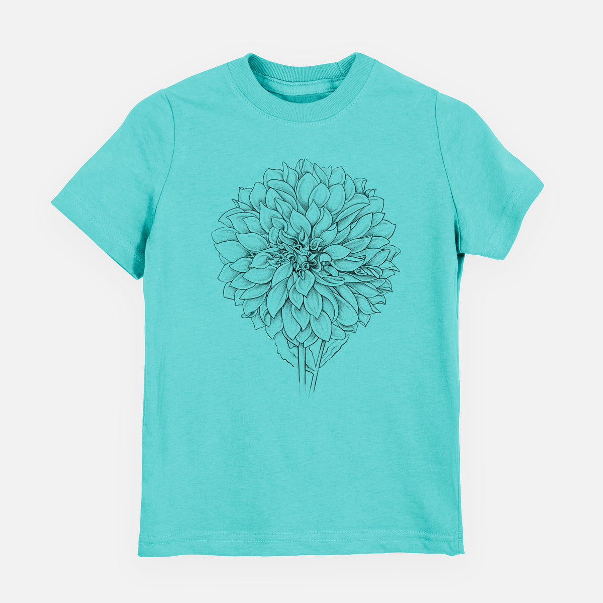 Caribbean blue youth t-shirt laid flat, printed with a detailed black ink line drawing of a Cafe au Lait dahlia bloom.