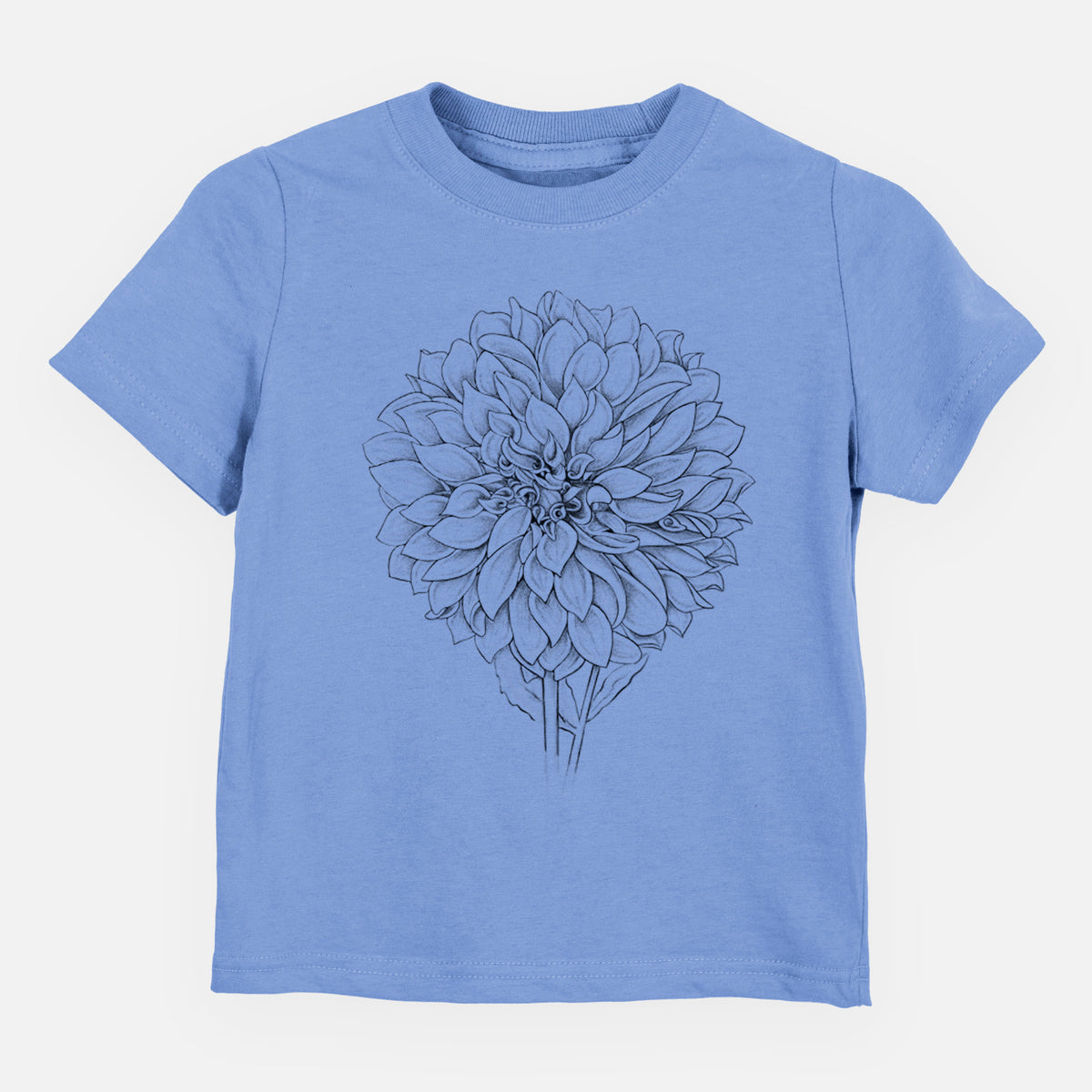 Carolina blue toddler t-shirt laid flat, printed with a detailed black ink line drawing of a Cafe au Lait dahlia bloom.