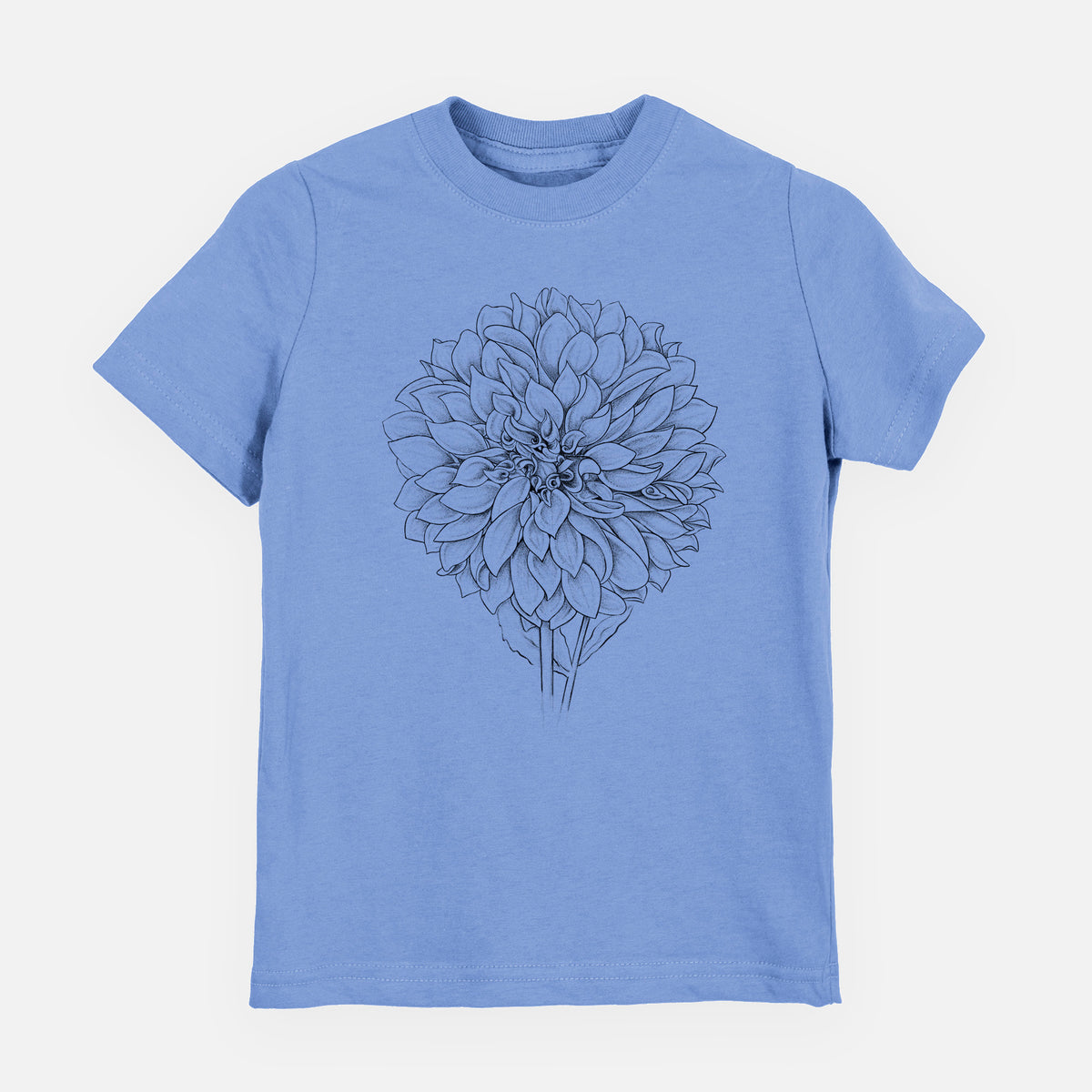 Carolina blue youth t-shirt laid flat, printed with a detailed black ink line drawing of a Cafe au Lait dahlia bloom.