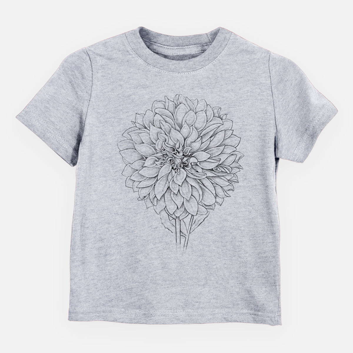 Heather grey toddler t-shirt laid flat, printed with a detailed black ink line drawing of a Cafe au Lait dahlia bloom.