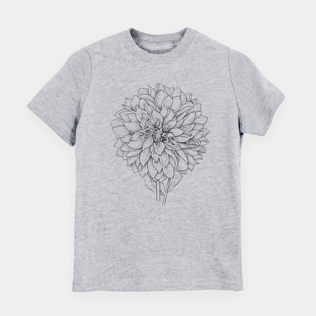 Heather grey youth t-shirt laid flat, printed with a detailed black ink line drawing of a Cafe au Lait dahlia bloom.
