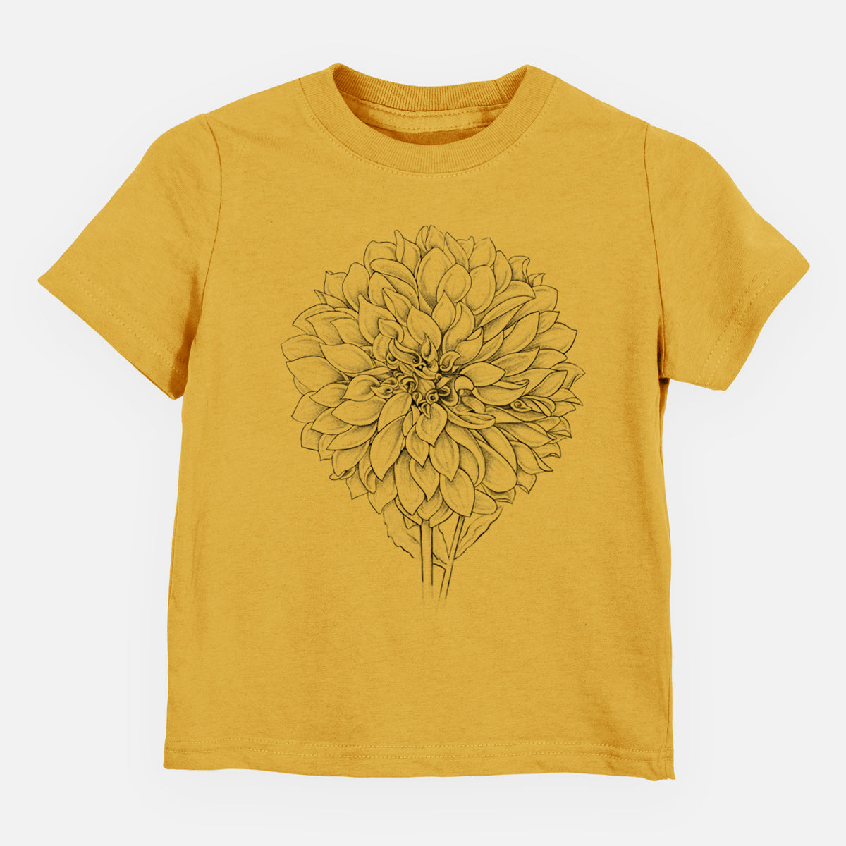 Honeycomb yellow toddler t-shirt laid flat, printed with a detailed black ink line drawing of a Cafe au Lait dahlia bloom.