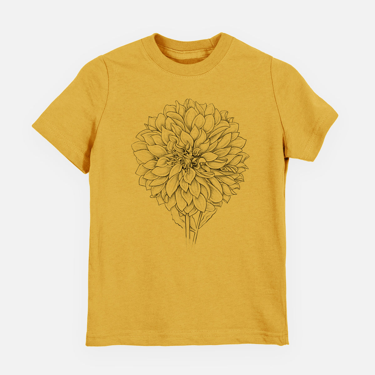 Honeycomb yellow youth t-shirt laid flat, printed with a detailed black ink line drawing of a Cafe au Lait dahlia bloom.