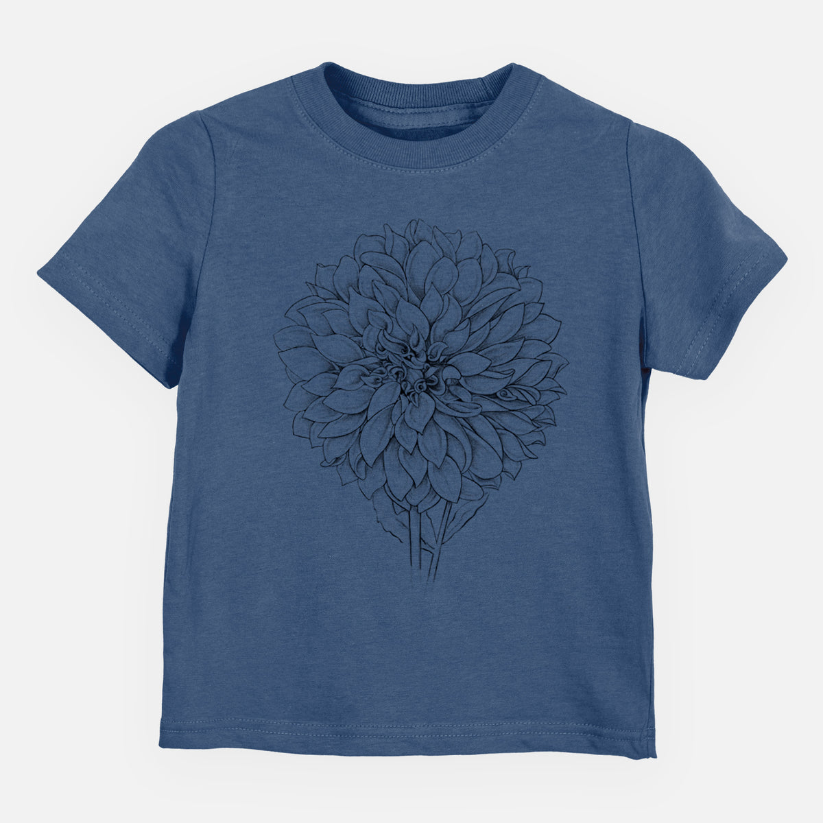 Indigo blue toddler t-shirt laid flat, printed with a detailed black ink line drawing of a Cafe au Lait dahlia bloom.