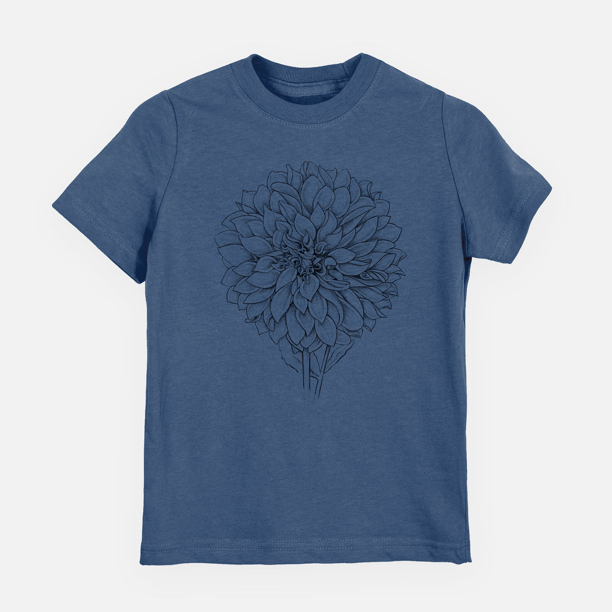 Indigo blue youth t-shirt laid flat, printed with a detailed black ink line drawing of a Cafe au Lait dahlia bloom.