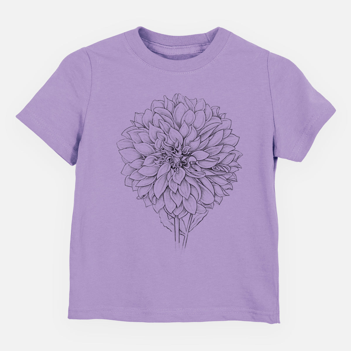 Lavender toddler t-shirt laid flat, printed with a detailed black ink line drawing of a Cafe au Lait dahlia bloom.