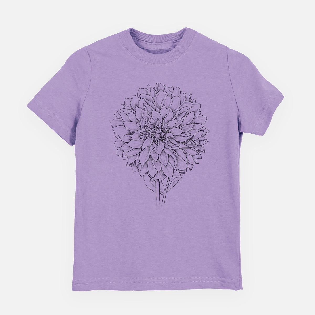 Lavender youth t-shirt laid flat, printed with a detailed black ink line drawing of a Cafe au Lait dahlia bloom.