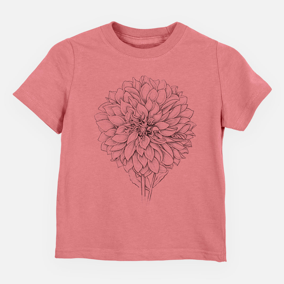 Mauve pink toddler t-shirt laid flat, printed with a detailed black ink line drawing of a Cafe au Lait dahlia bloom.