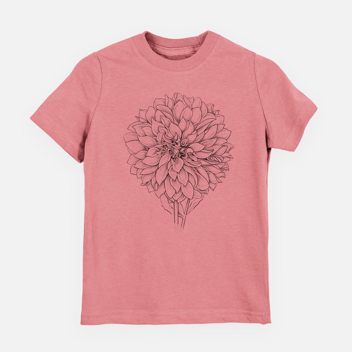 Mauve pink youth t-shirt laid flat, printed with a detailed black ink line drawing of a Cafe au Lait dahlia bloom.