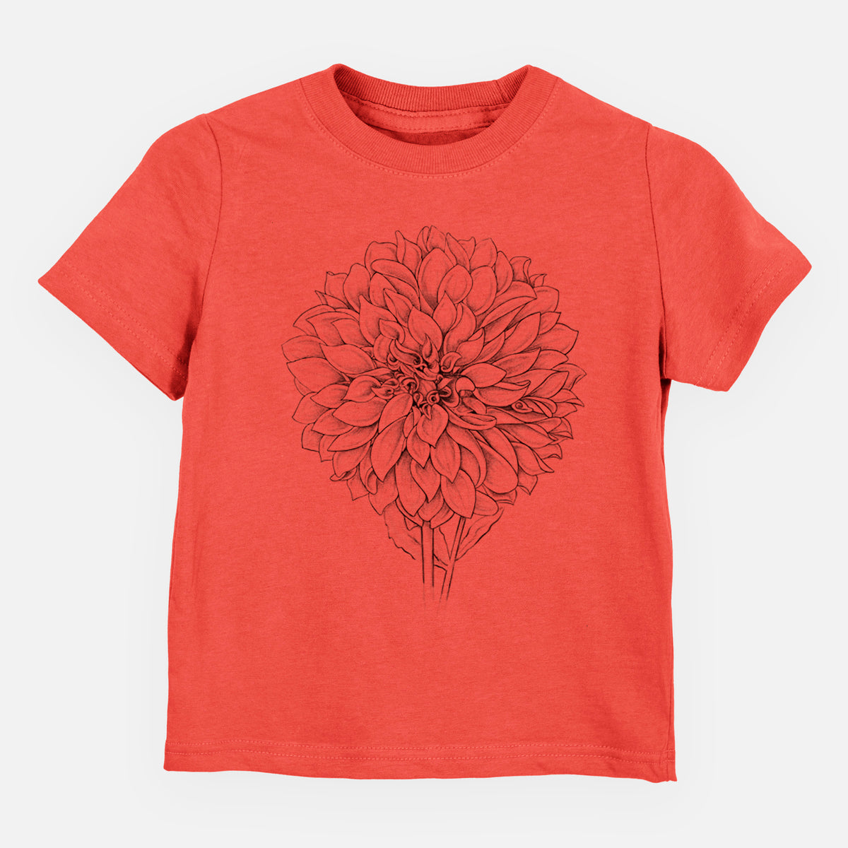 Passionfruit pink toddler t-shirt laid flat, printed with a detailed black ink line drawing of a Cafe au Lait dahlia bloom.