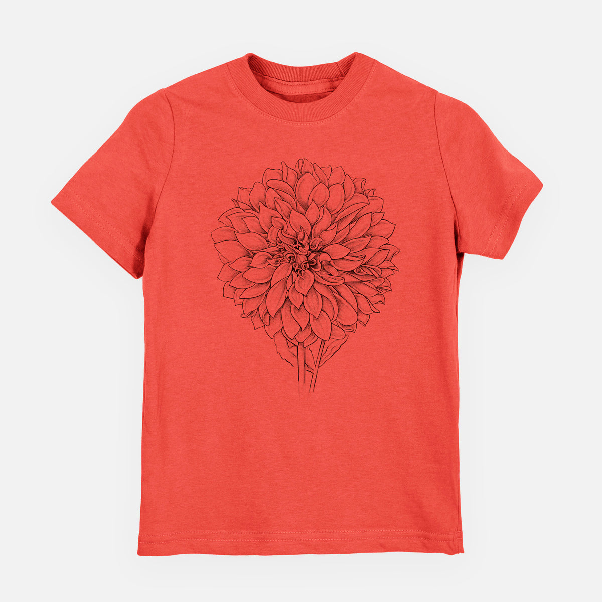 Passionfruit pink youth t-shirt laid flat, printed with a detailed black ink line drawing of a Cafe au Lait dahlia bloom.