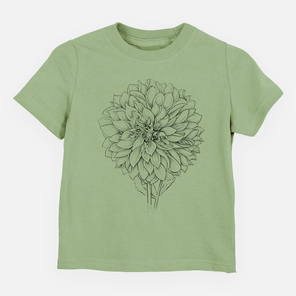 Sage green toddler t-shirt laid flat, printed with a detailed black ink line drawing of a Cafe au Lait dahlia bloom.