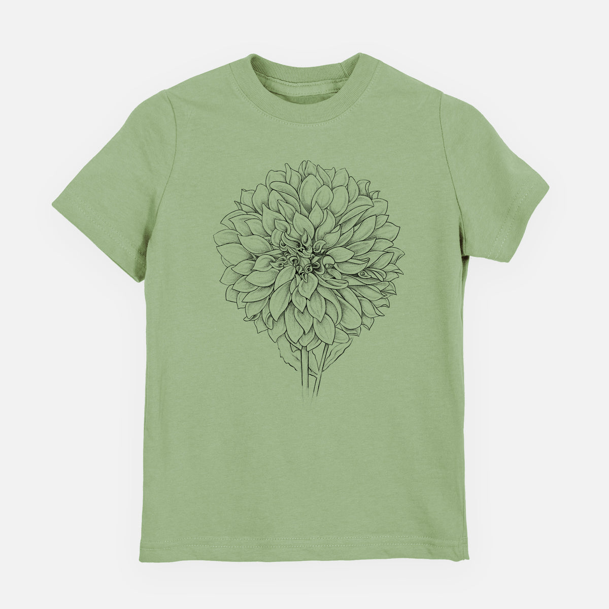 Sage green youth t-shirt laid flat, printed with a detailed black ink line drawing of a Cafe au Lait dahlia bloom.