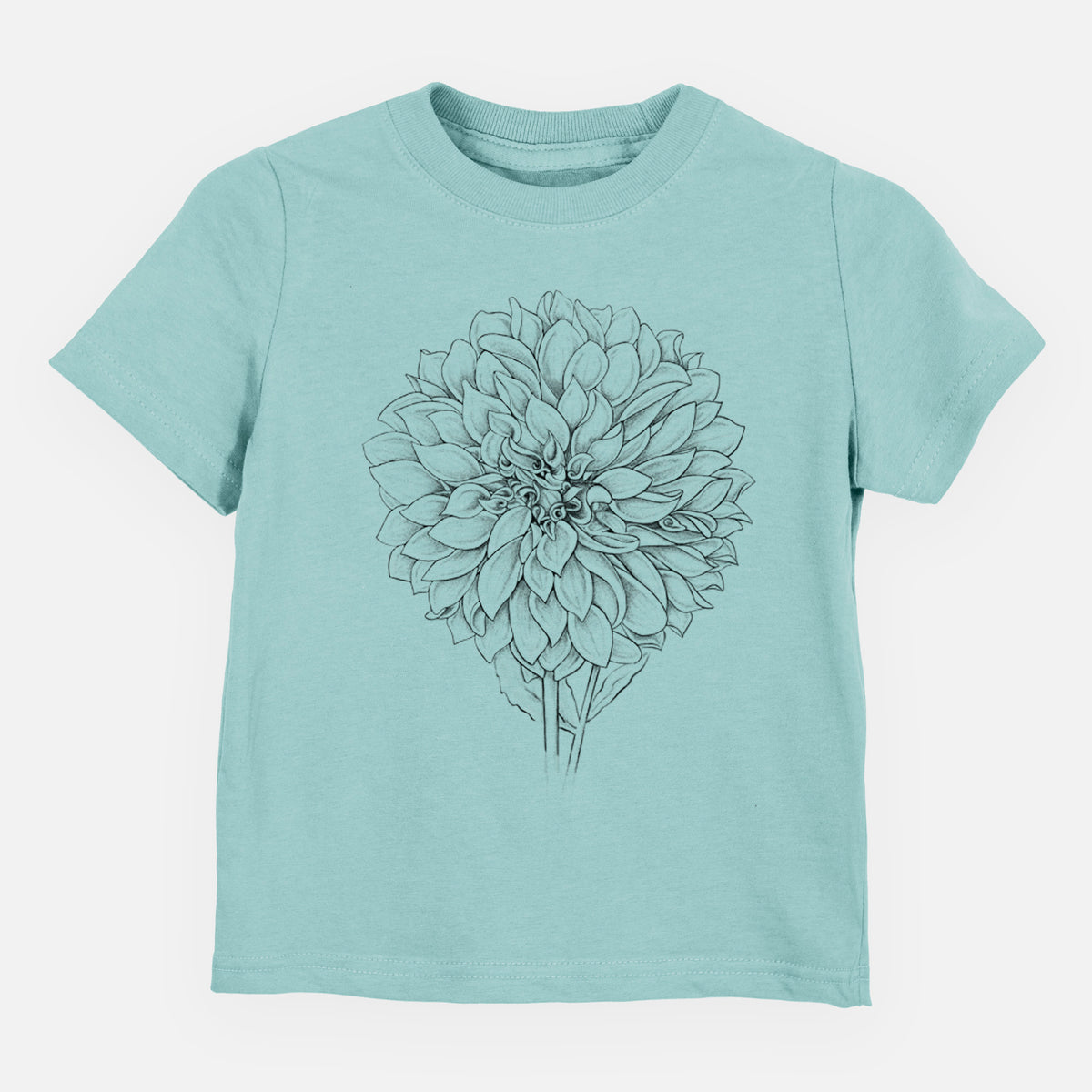 Saltwater toddler t-shirt laid flat, printed with a detailed black ink line drawing of a Cafe au Lait dahlia bloom.
