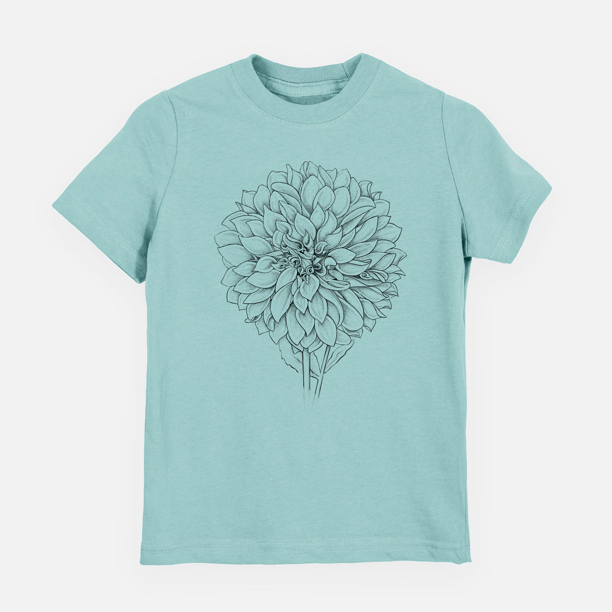 Saltwater youth t-shirt laid flat, printed with a detailed black ink line drawing of a Cafe au Lait dahlia bloom.