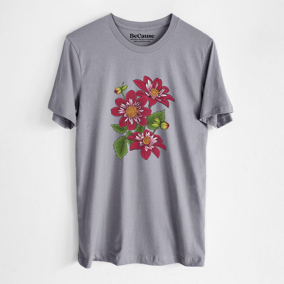 Storm grey lightweight cotton t-shirt laid flat, printed with a full-color illustration of deep red dahlia flowers with green leaves and a small bee.