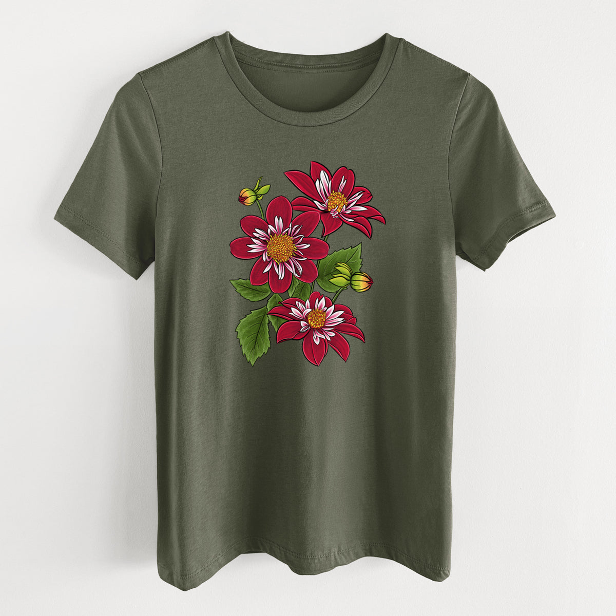 Military green women's relaxed fit cotton t-shirt laid flat, printed with a full-color illustration of deep red dahlia flowers with green leaves and a small bee.