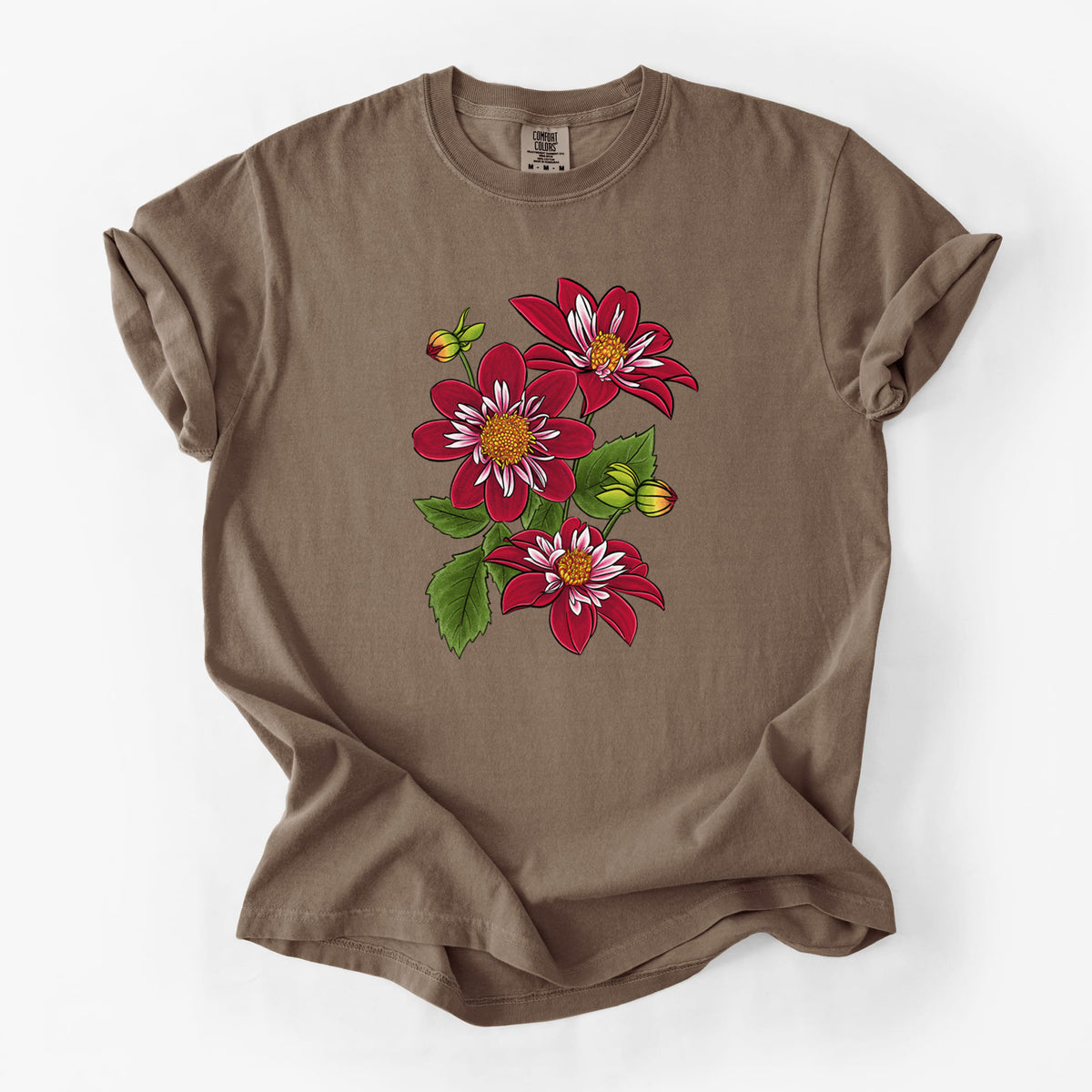 Espresso brown Comfort Colors t-shirt laid flat, printed with a full-color illustration of deep red dahlia flowers with green leaves and a small bee.
