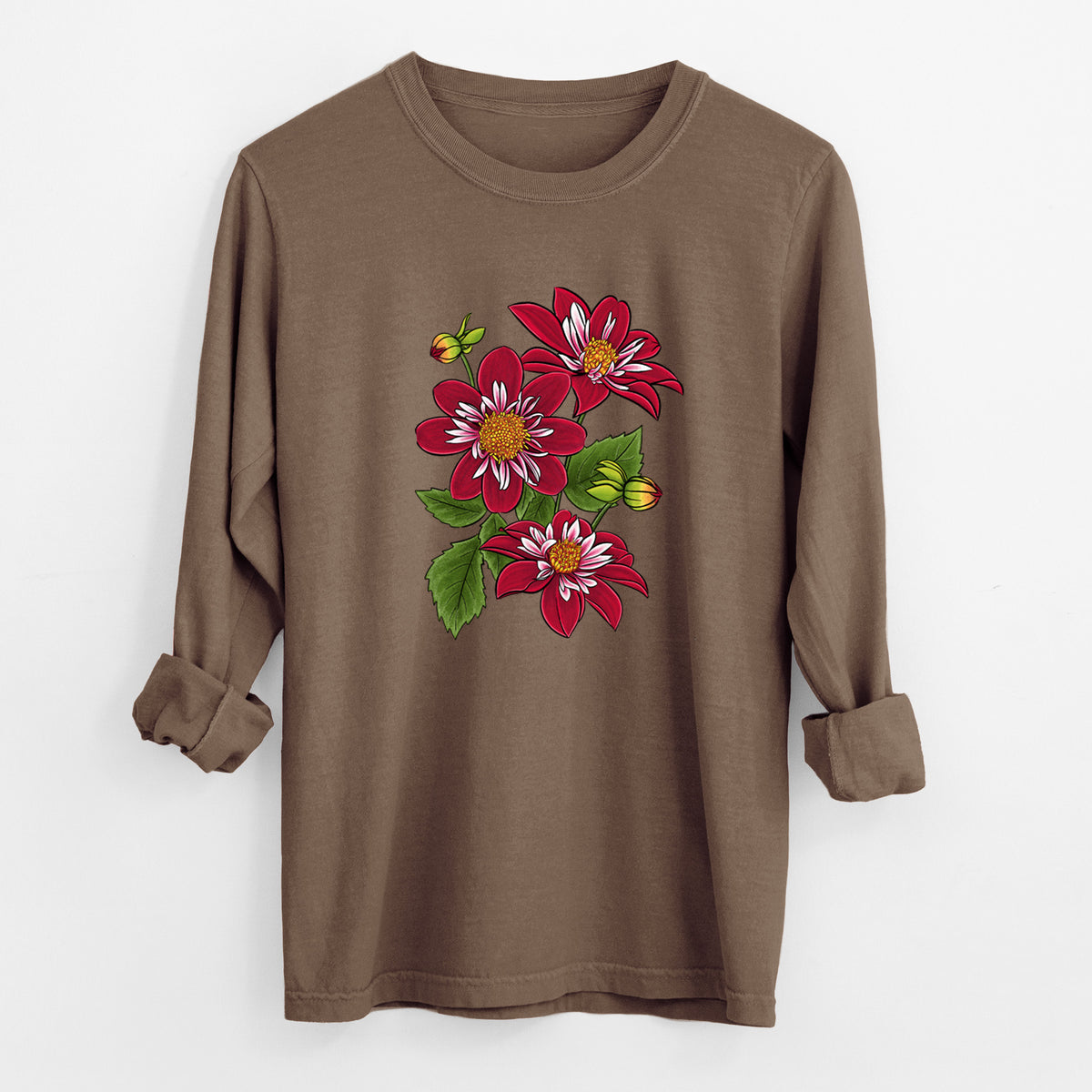 Espresso brown Comfort Colors long sleeve shirt laid flat with the cuffs rolled, printed with a full-color illustration of deep red dahlia flowers with green leaves and a small bee.