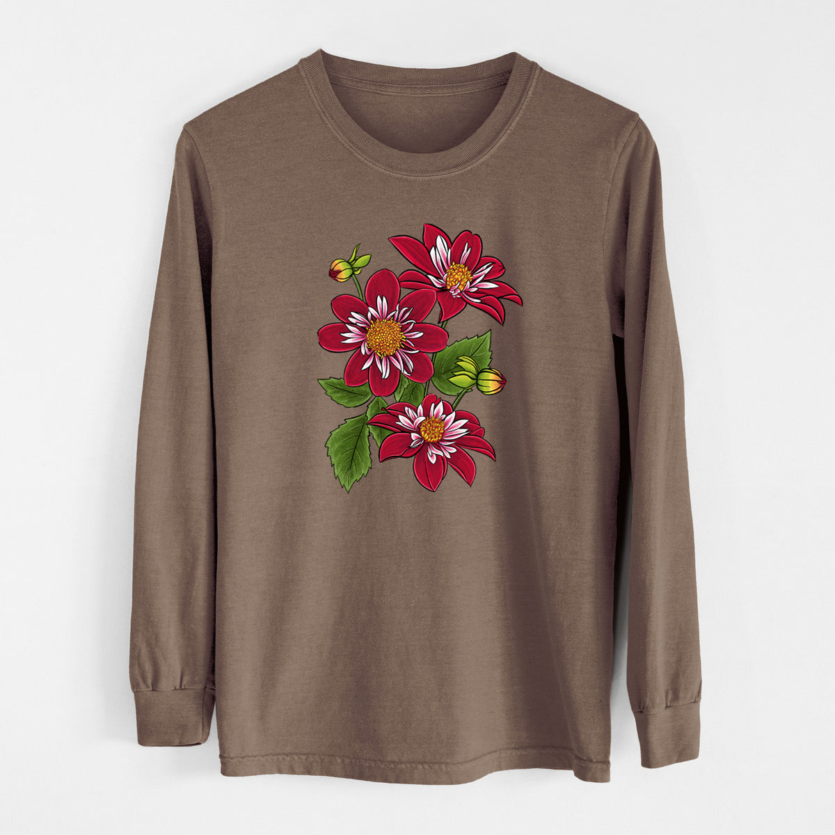 Espresso brown Comfort Colors long sleeve shirt laid flat, printed with a full-color illustration of deep red dahlia flowers with green leaves and a small bee.