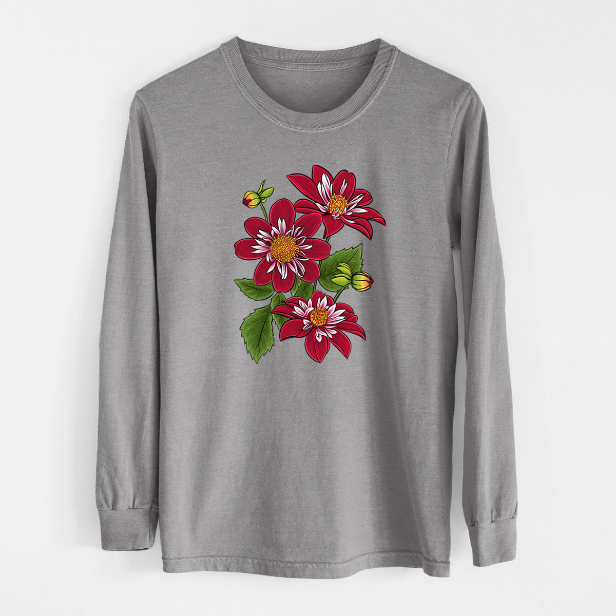 Grey Comfort Colors long sleeve shirt laid flat, printed with a full-color illustration of deep red dahlia flowers with green leaves and a small bee.