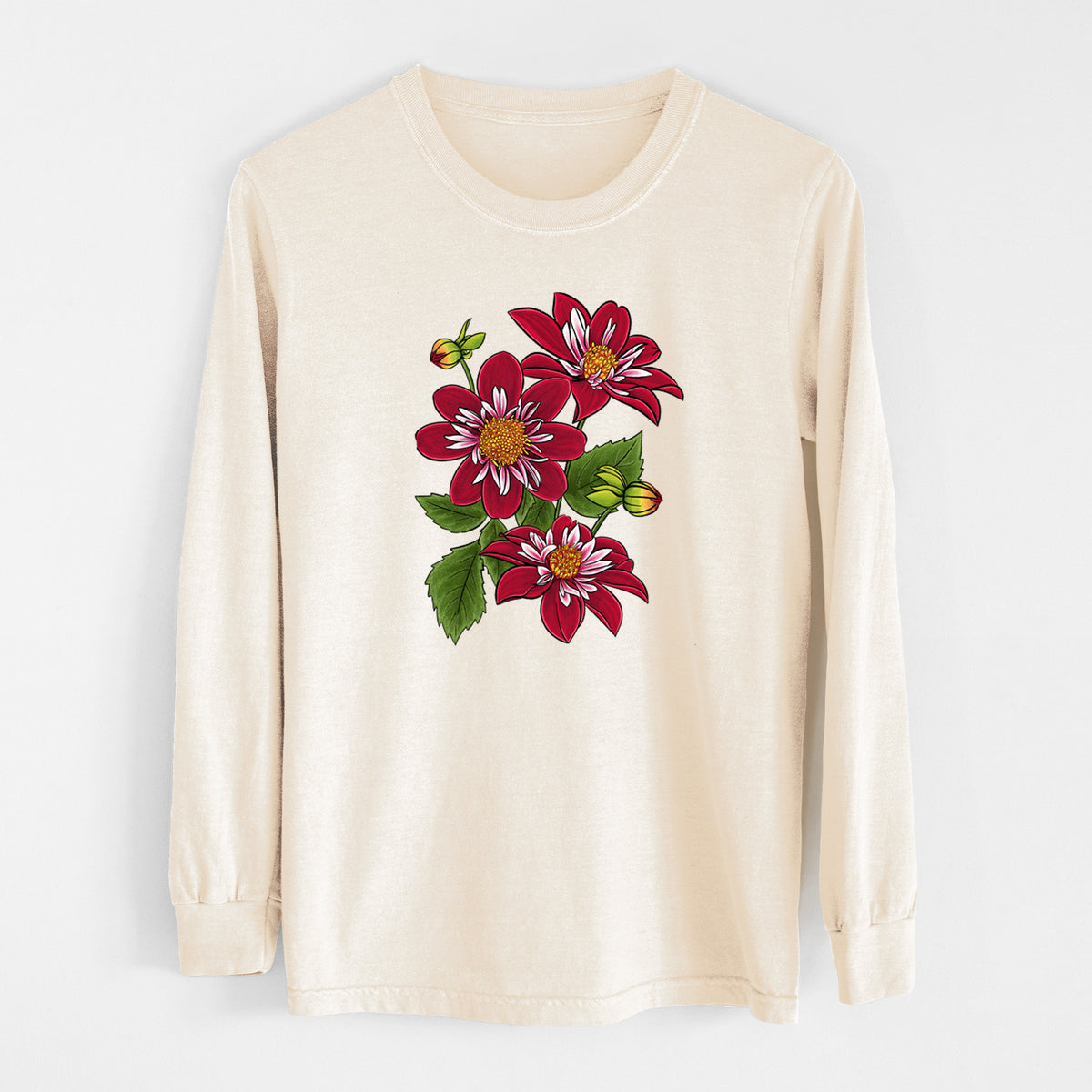 Ivory Comfort Colors long sleeve shirt laid flat, printed with a full-color illustration of deep red dahlia flowers with green leaves and a small bee.