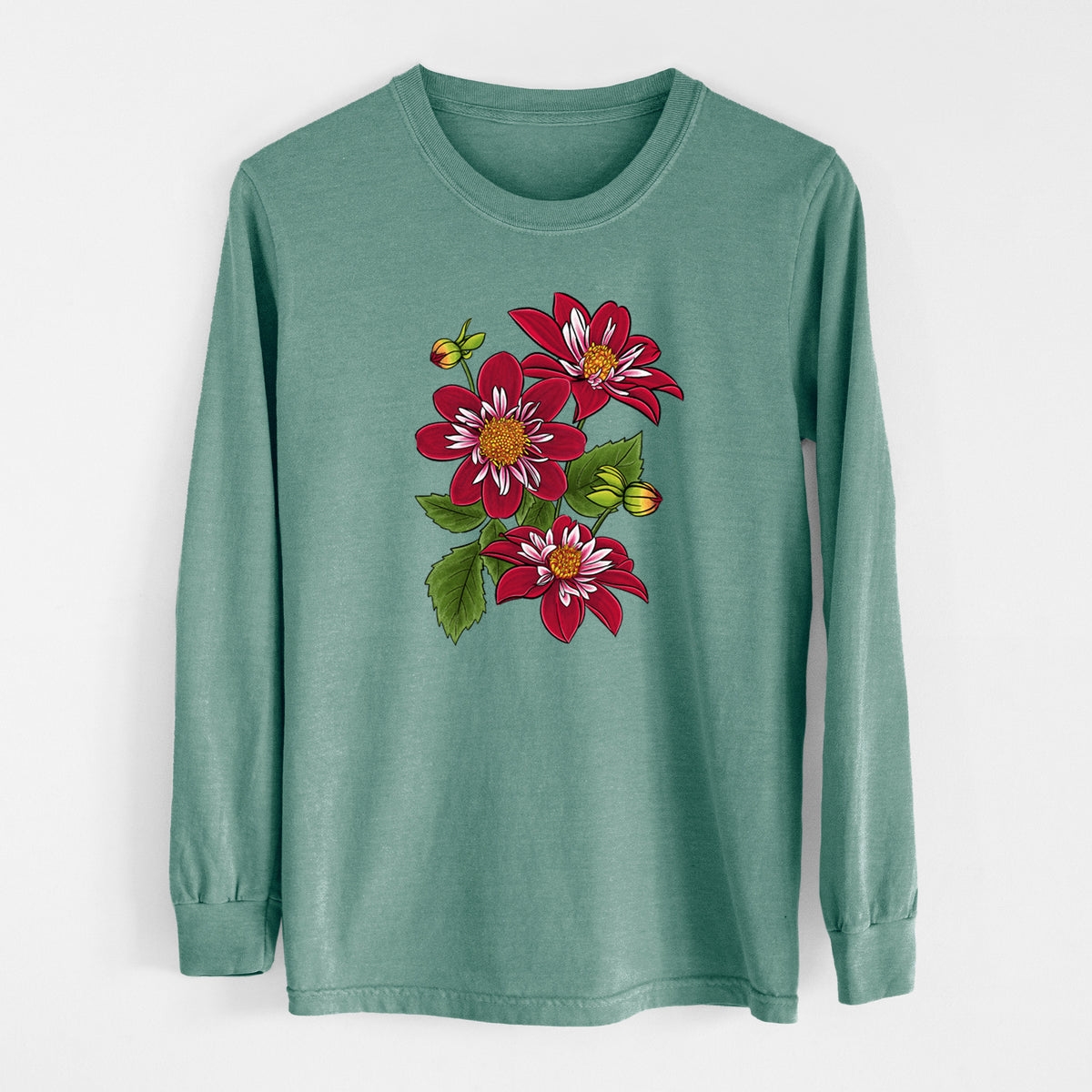 Pine green Comfort Colors long sleeve shirt laid flat, printed with a full-color illustration of deep red dahlia flowers with green leaves and a small bee.