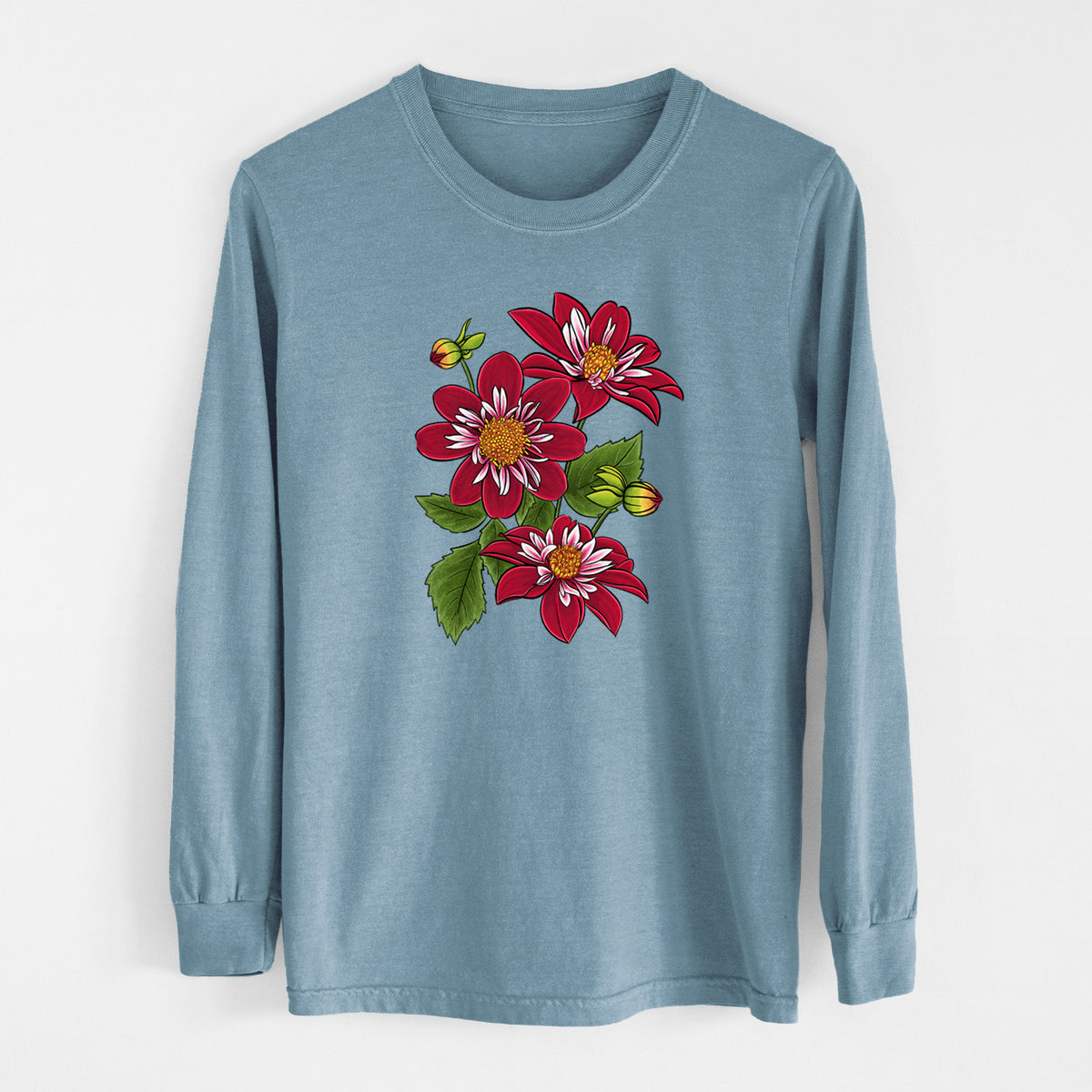 Steel blue Comfort Colors long sleeve shirt laid flat, printed with a full-color illustration of deep red dahlia flowers with green leaves and a small bee.
