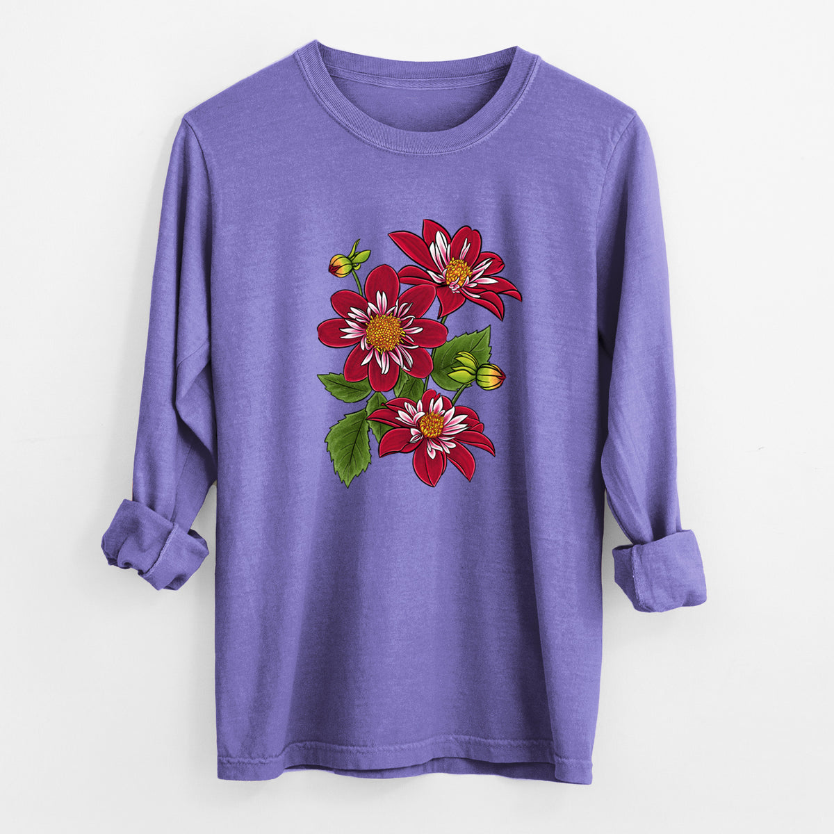 Violet purple Comfort Colors long sleeve shirt laid flat with the cuffs rolled, printed with a full-color illustration of deep red dahlia flowers with green leaves and a small bee.