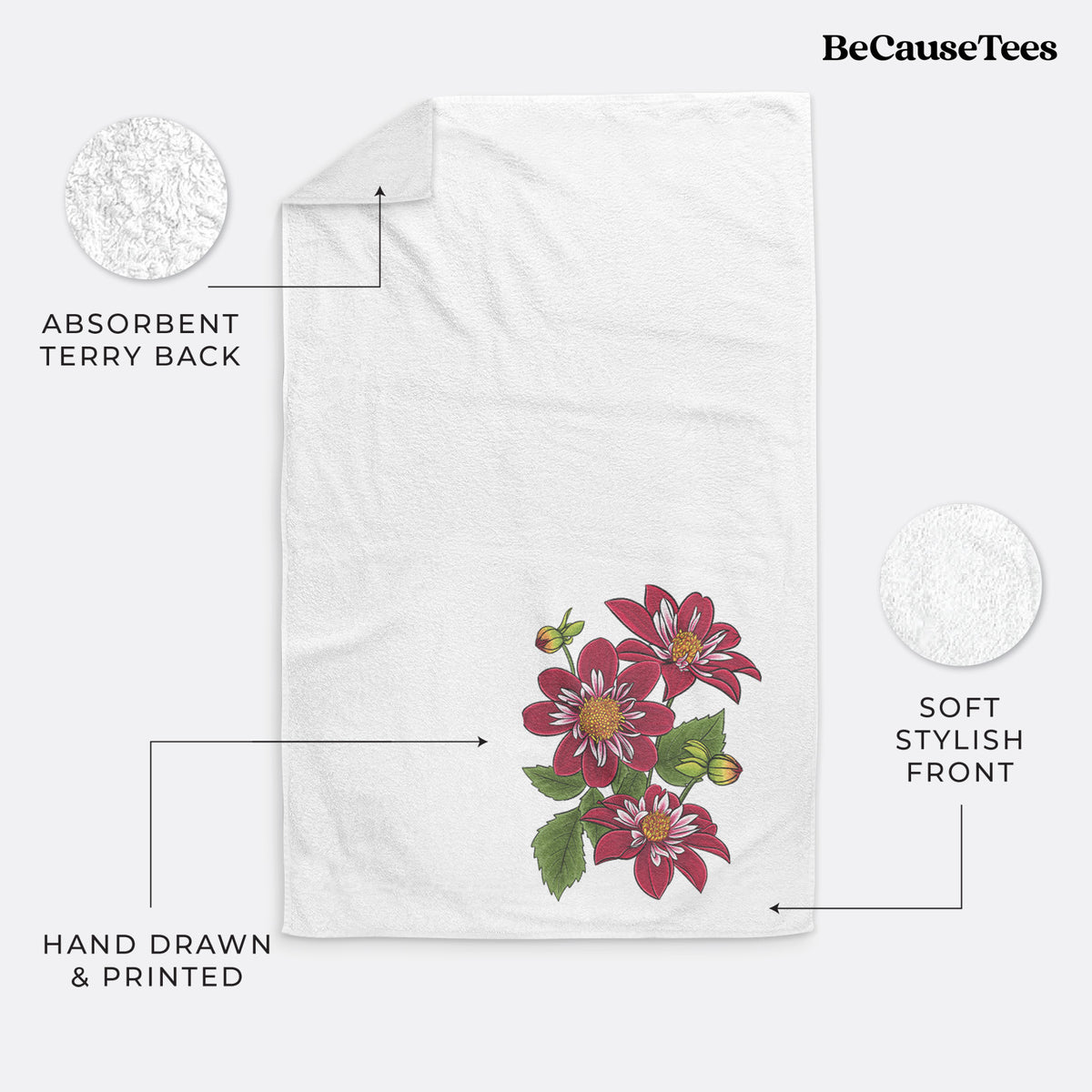 White hand towel printed with a full-color illustration of deep red dahlia flowers with green leaves and a small bee.