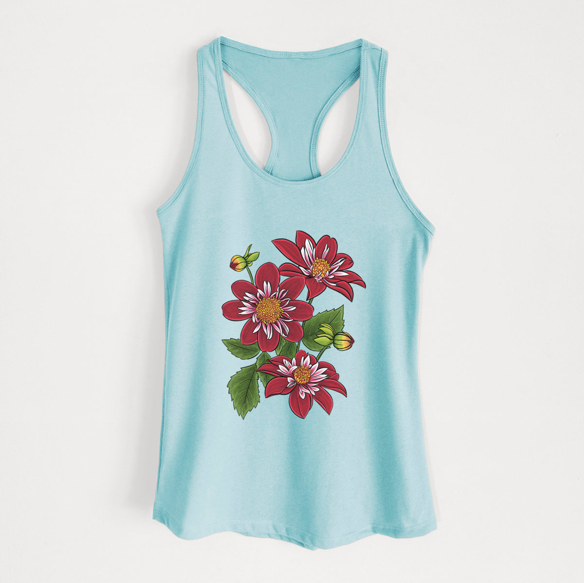 Cancun blue women's racerback tank top laid flat, printed with a full-color illustration of deep red dahlia flowers with green leaves and a small bee.