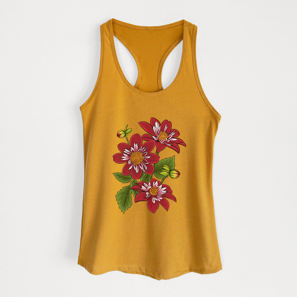 Gold women's racerback tank top laid flat, printed with a full-color illustration of deep red dahlia flowers with green leaves and a small bee.