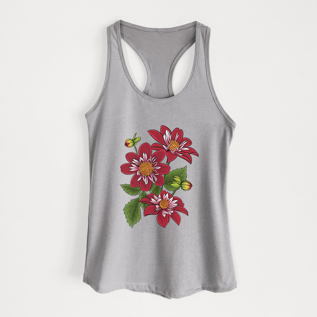 Heather grey women's racerback tank top laid flat, printed with a full-color illustration of deep red dahlia flowers with green leaves and a small bee.