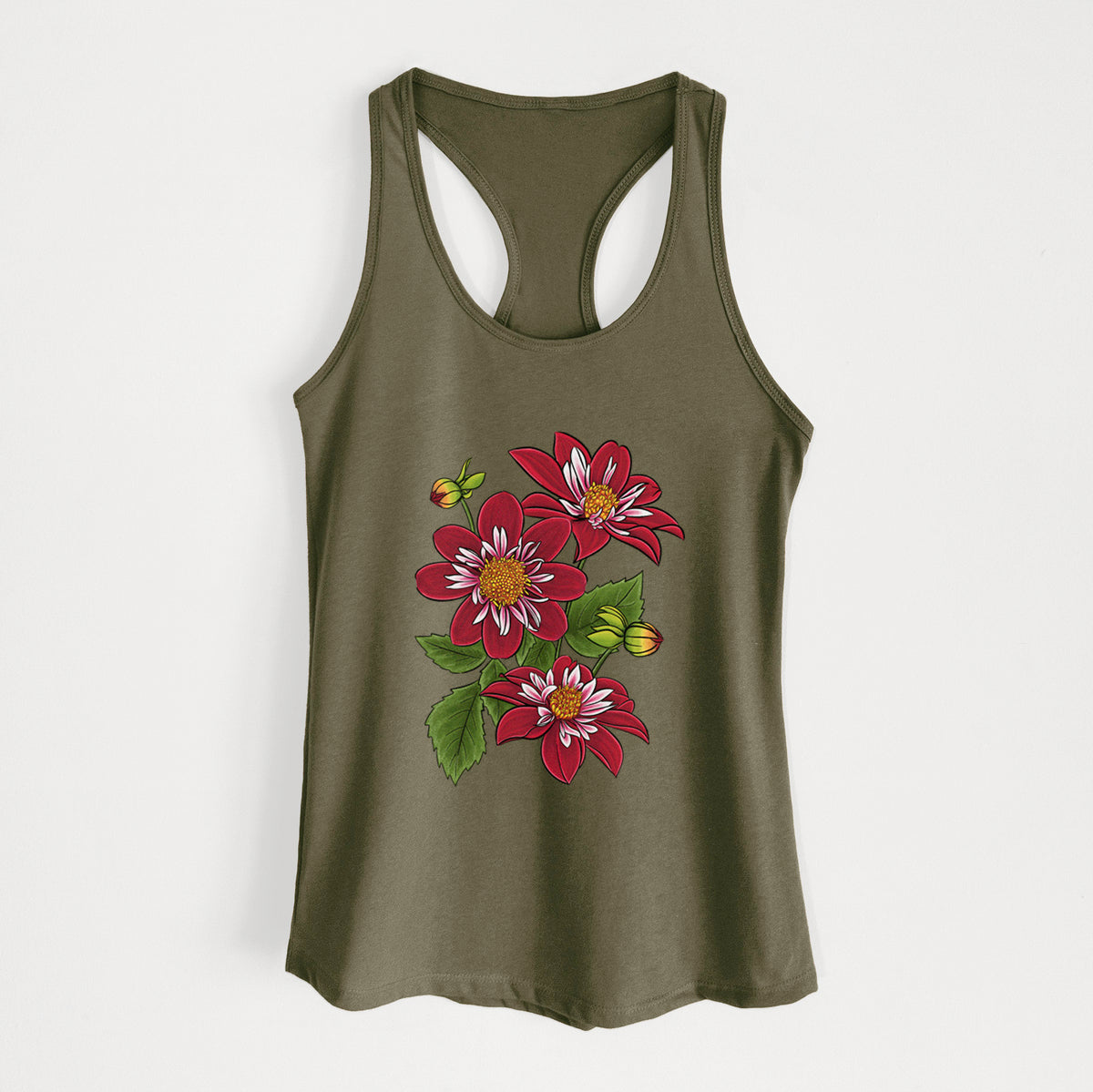 Military green women's racerback tank top laid flat, printed with a full-color illustration of deep red dahlia flowers with green leaves and a small bee.