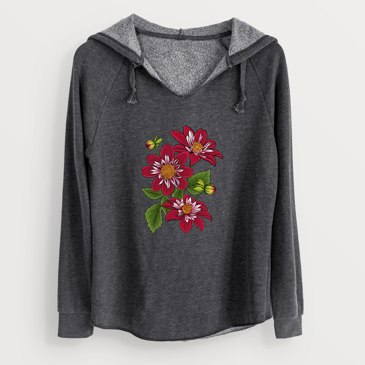 Charcoal grey women's Cali Wave hooded sweatshirt laid flat, printed with a full-color illustration of deep red dahlia flowers with green leaves and a small bee.