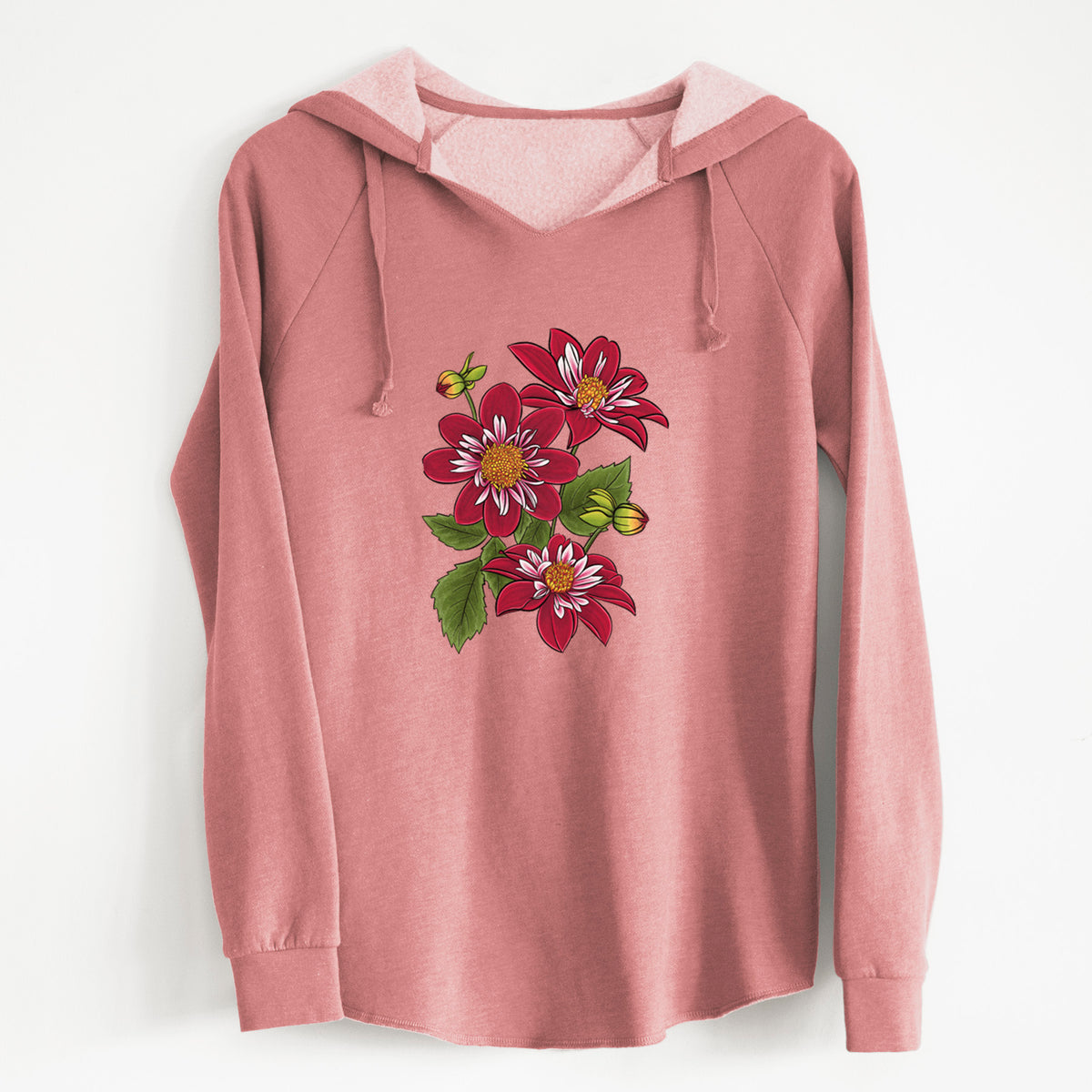 Dusty rose women's Cali Wave hooded sweatshirt laid flat, printed with a full-color illustration of deep red dahlia flowers with green leaves and a small bee.