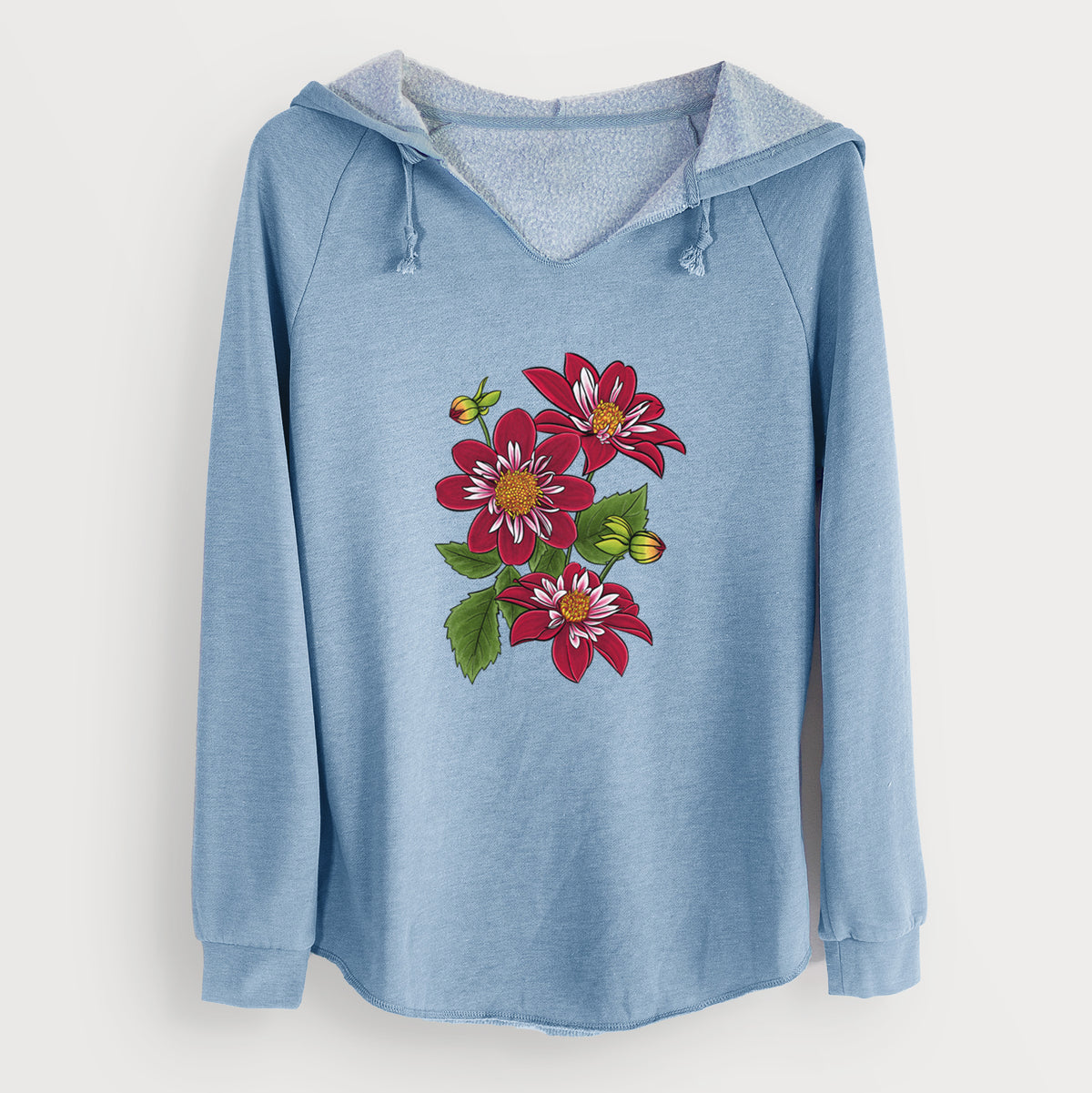 Misty blue women's Cali Wave hooded sweatshirt laid flat, printed with a full-color illustration of deep red dahlia flowers with green leaves and a small bee.