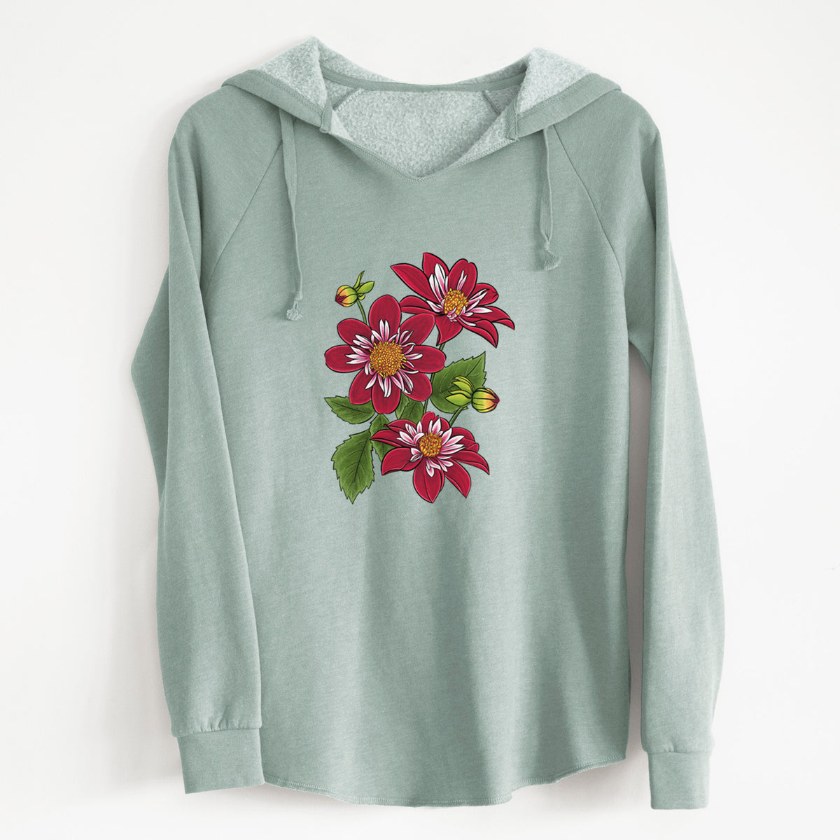 Sage green women's Cali Wave hooded sweatshirt laid flat, printed with a full-color illustration of deep red dahlia flowers with green leaves and a small bee.