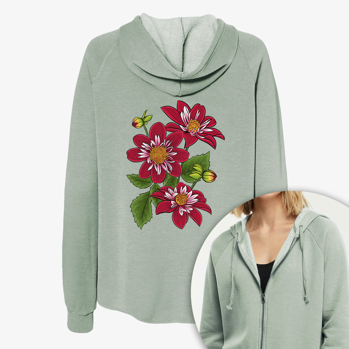 Women's Cali Wave zip-up sweatshirt printed with a full-color illustration of deep red dahlia flowers with green leaves and a small bee, with a close-up of the zipper.