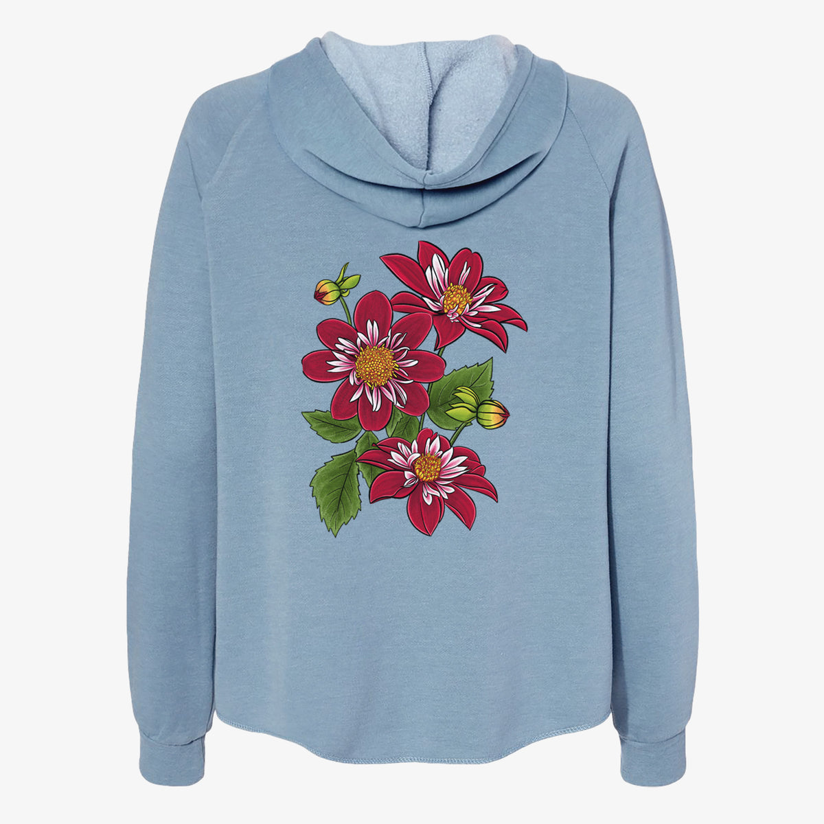 Misty blue women's Cali Wave zip-up sweatshirt laid flat, printed with a full-color illustration of deep red dahlia flowers with green leaves and a small bee.