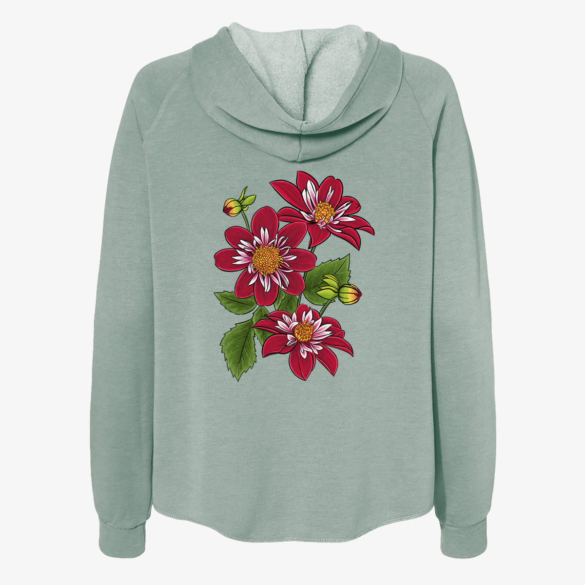 Sage green women's Cali Wave zip-up sweatshirt laid flat, printed with a full-color illustration of deep red dahlia flowers with green leaves and a small bee.